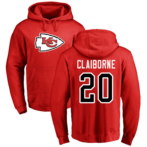 Men Kansas City Chiefs #20 Claiborne Morris Red Name and Number Logo Pullover Hoodie